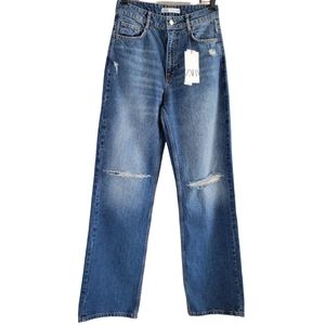 Zara High Rise Wide Leg Ripped Jeans Size 8 Blue